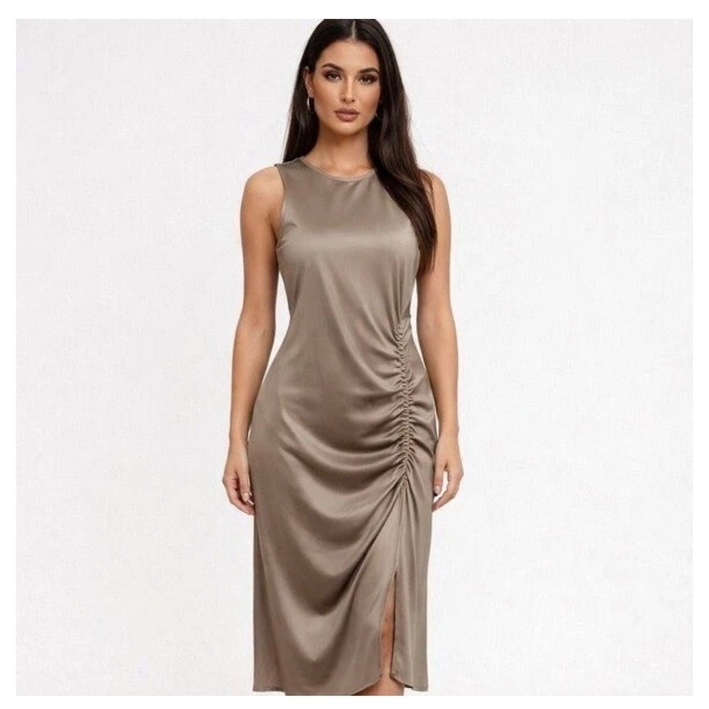 House of Harlow 1960 Womens Taupe Ruched Side Satin Midi Dress XL Sleeveless